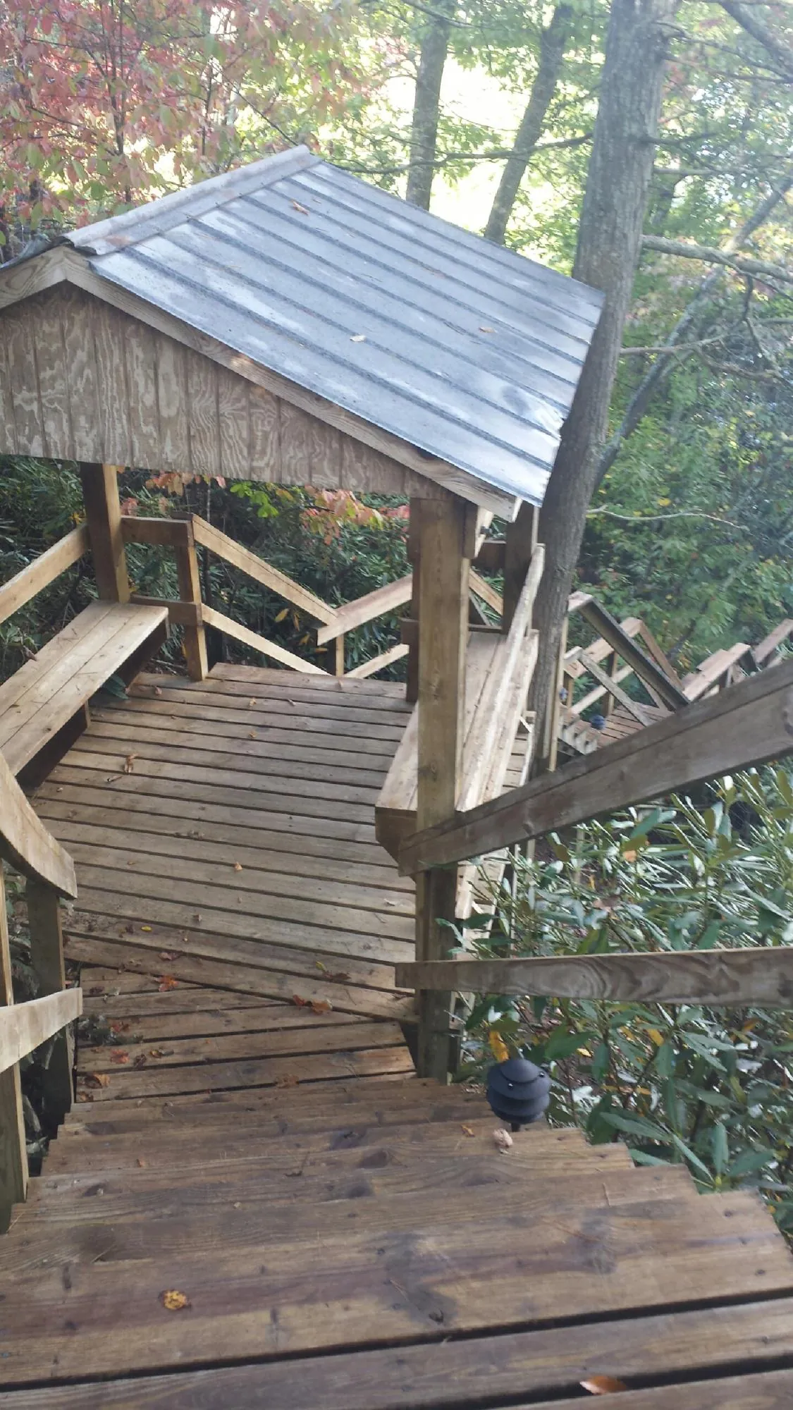 Metal roofed shelter over wooden steps on a wooded walkway — Skylight Repair & Installation work by our crew in Brackenridge